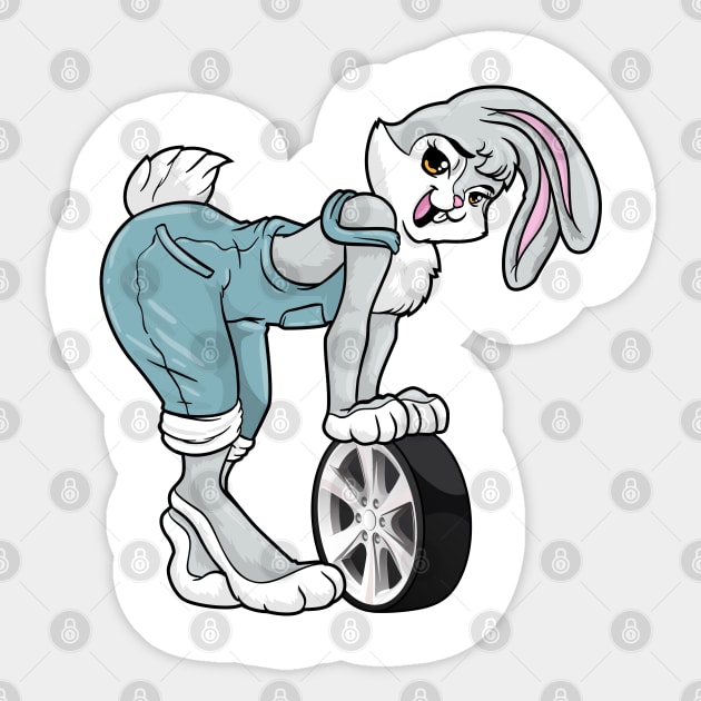 Rabbit as car mechanic with tires Sticker by Markus Schnabel
